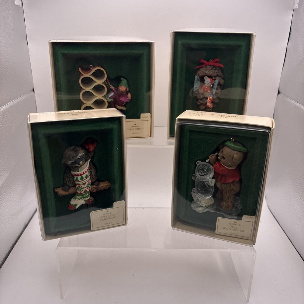 Vtg~Hallmark Ornaments~Lot of 4~Elfin Artist/Ice Sculptor/Pinecone Home/Raccoon